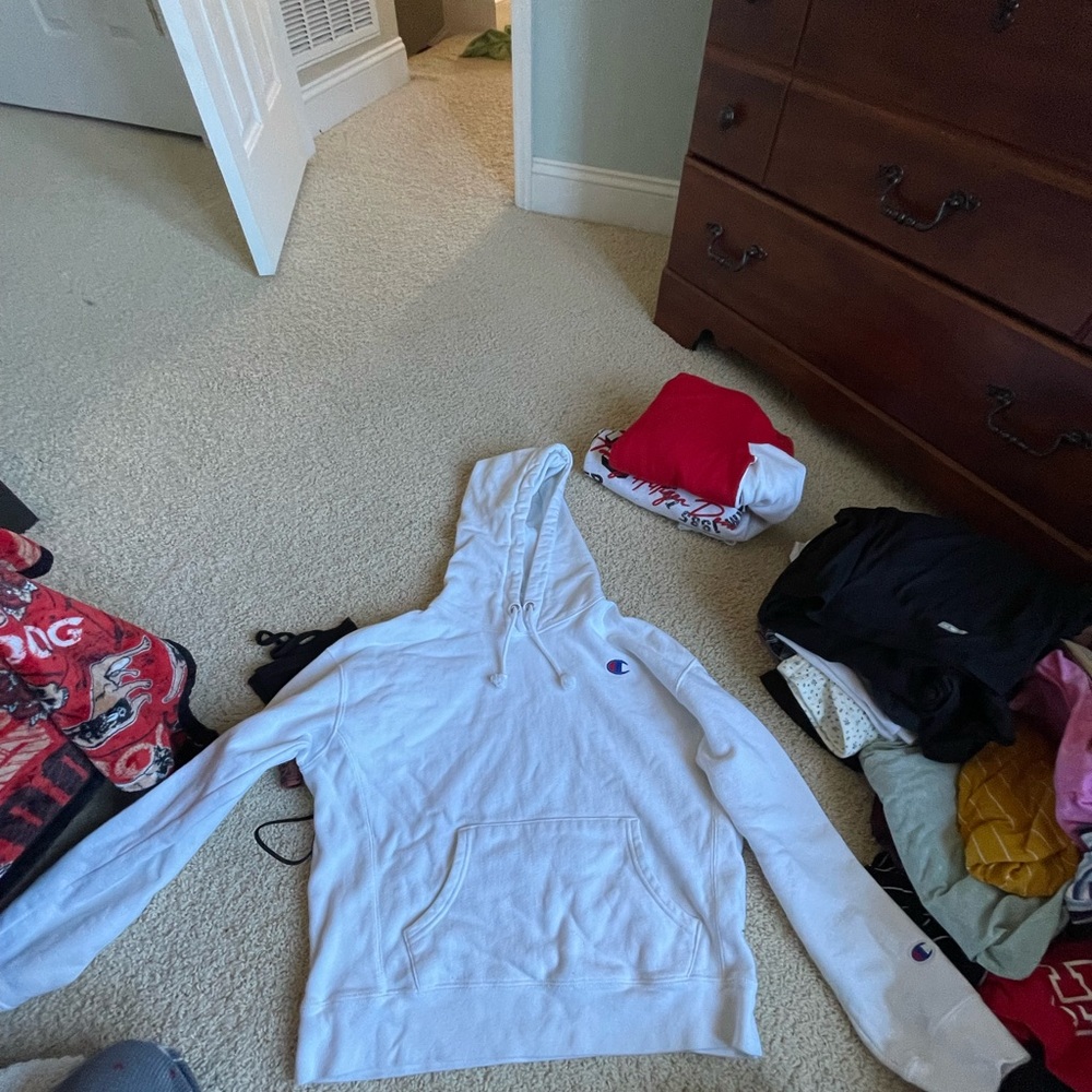 White Champion sweatshirt with a hood